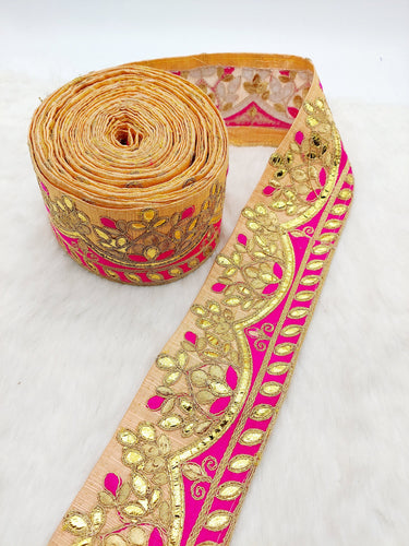Silk Fabric Trim, Floral Gold Gota Patti Indian Sari Border Trim By Yard Decorative Trim Craft Lace